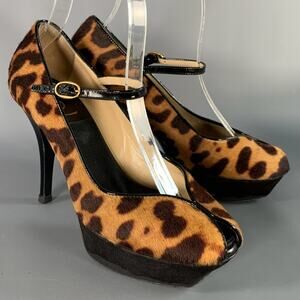 YVES SAINT LAURENT 6 Tribute Brown Black Calf Hair Animal Print Platform Sandals